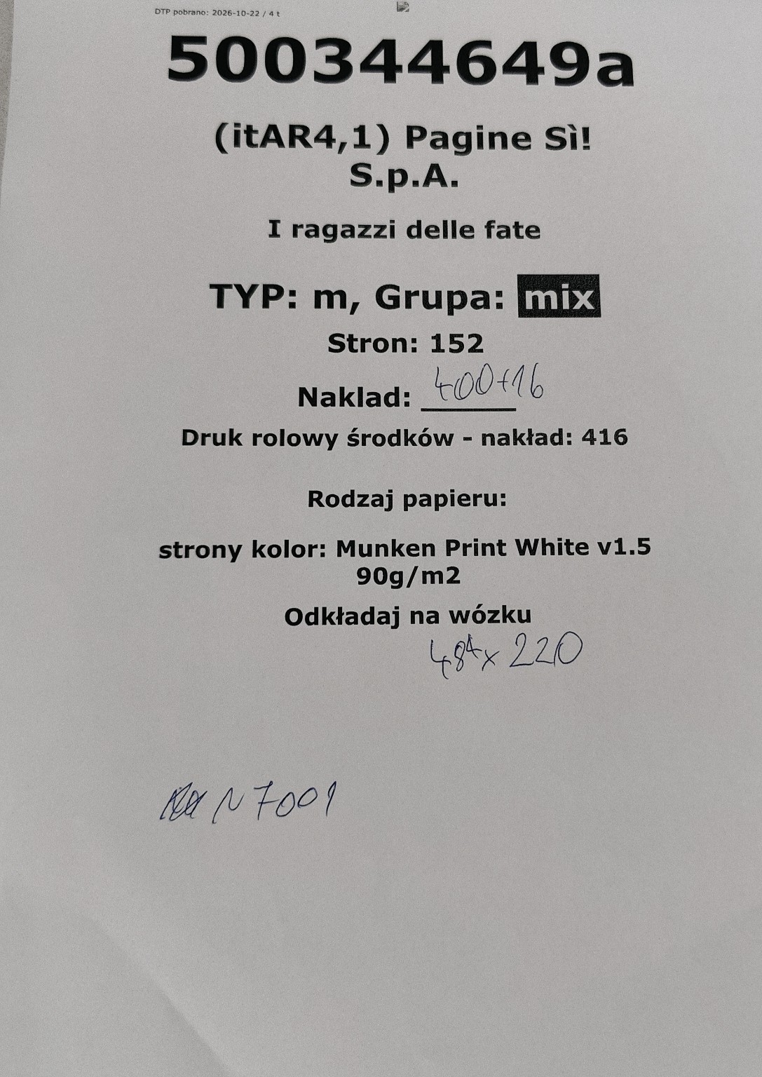 Karta zamówienia 500344649a z odręcznymi adnotacjami drukarza